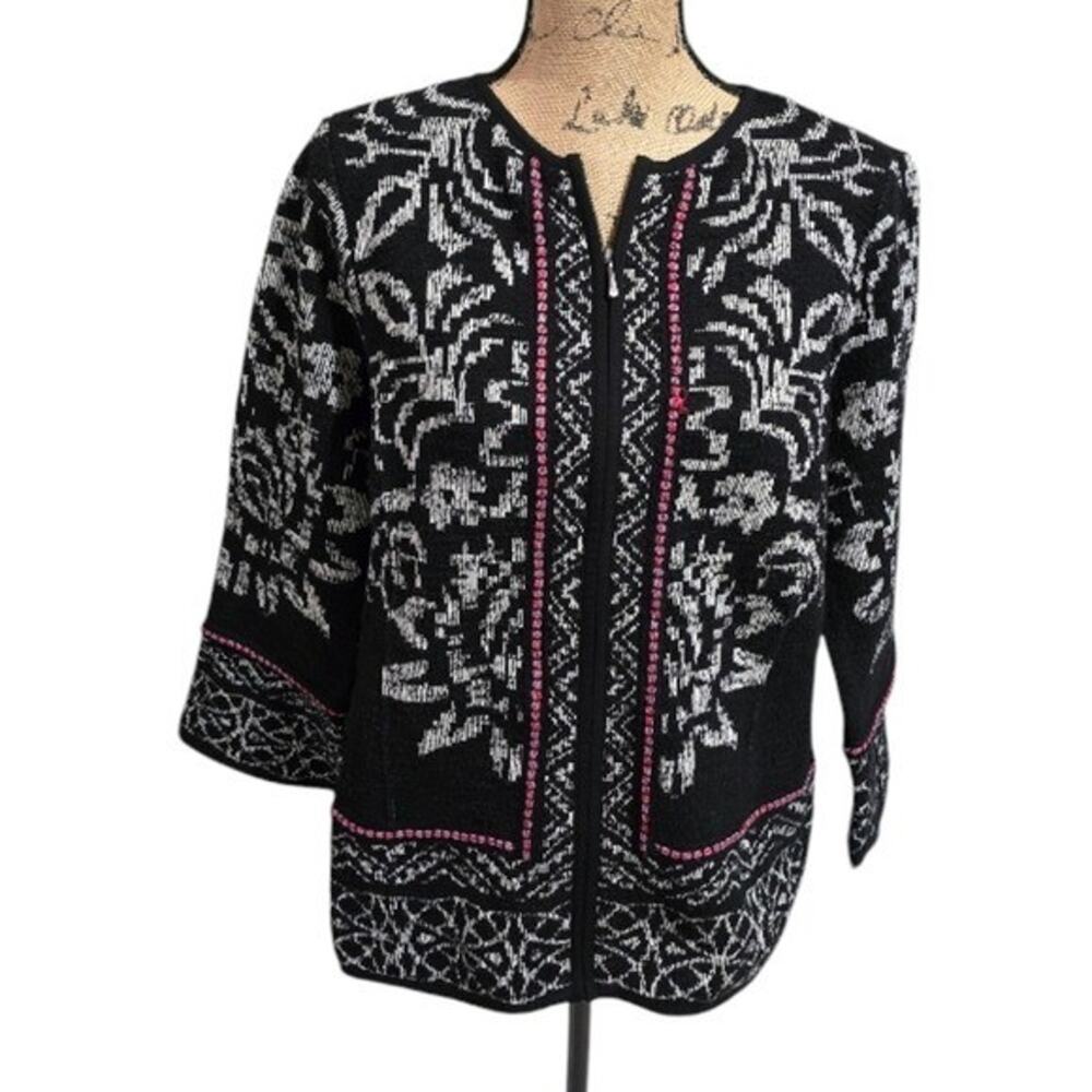 Chicos Black White Intarsia Knit Zip Front Cardigan Pink Trim Size 2 L Large